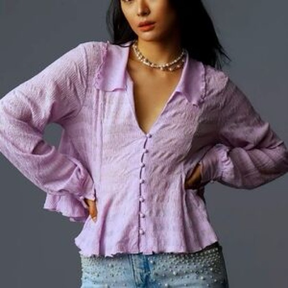 Anthropologie Tops - Anthropologie Blouse Long Sleeves Button Down Purple Size Small Coquette NWT